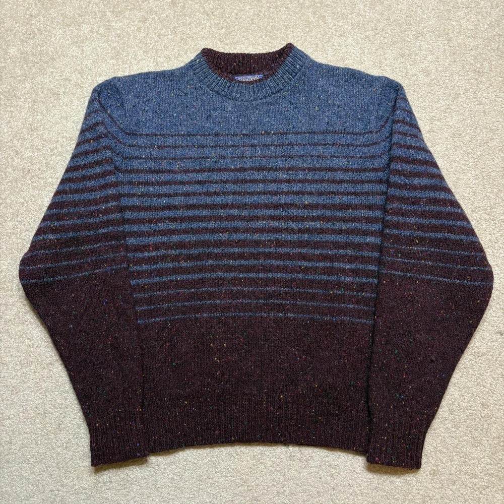 Vtg Pendleton Sweater Mens Large Blue Wool Striped Crewneck Heavyweight Knit USA